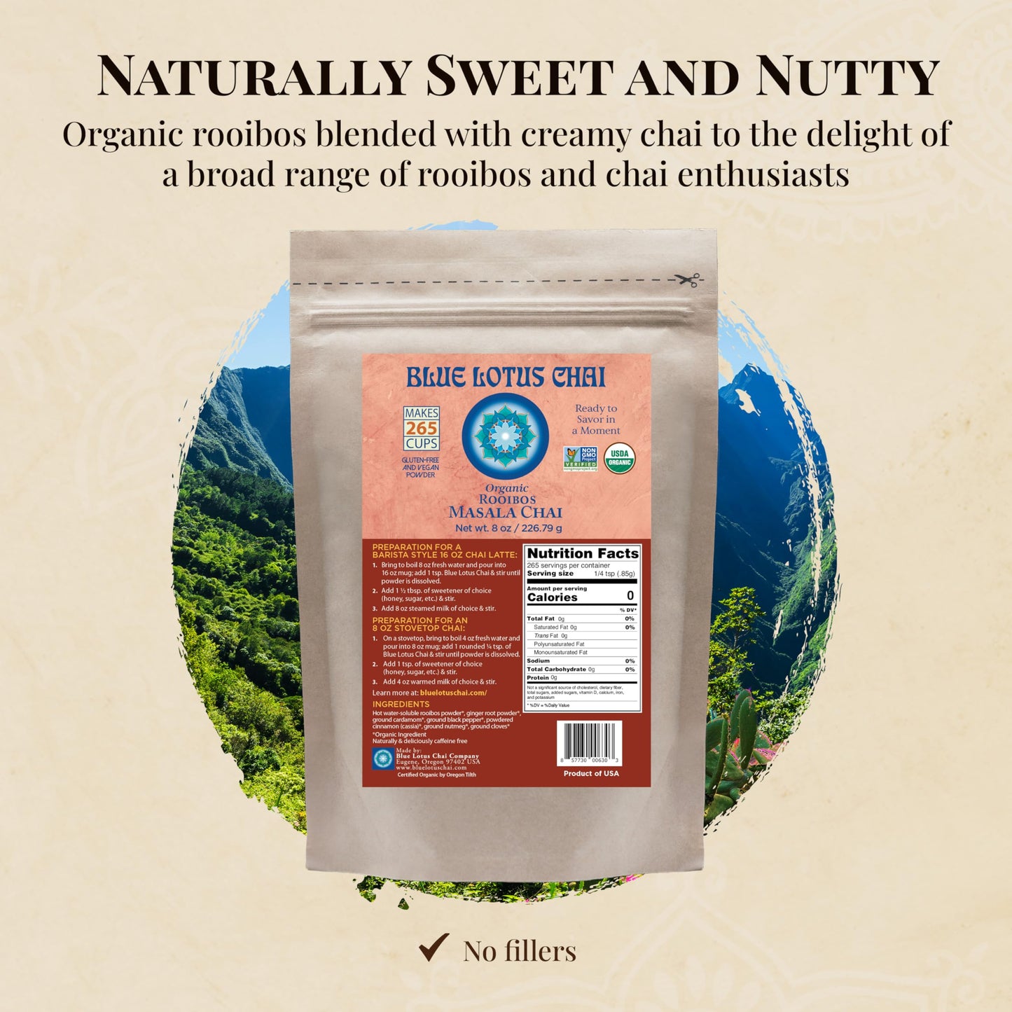 BLUE LOTUS CHAI Organic Rooibos Masala Chai Powder - Caffeine-Free, Gluten-Free, 8 Ounce, Makes 265 Cups