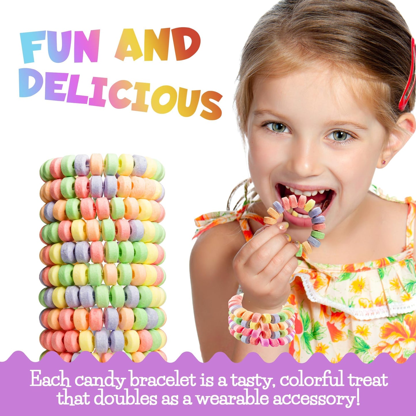 Candy Bracelets - Bulk Case 864 Pcs, Individually Wrapped - 2.5 Inch Candy Jewelry Bracelets, Stretchable, Edible, Colorful Frui