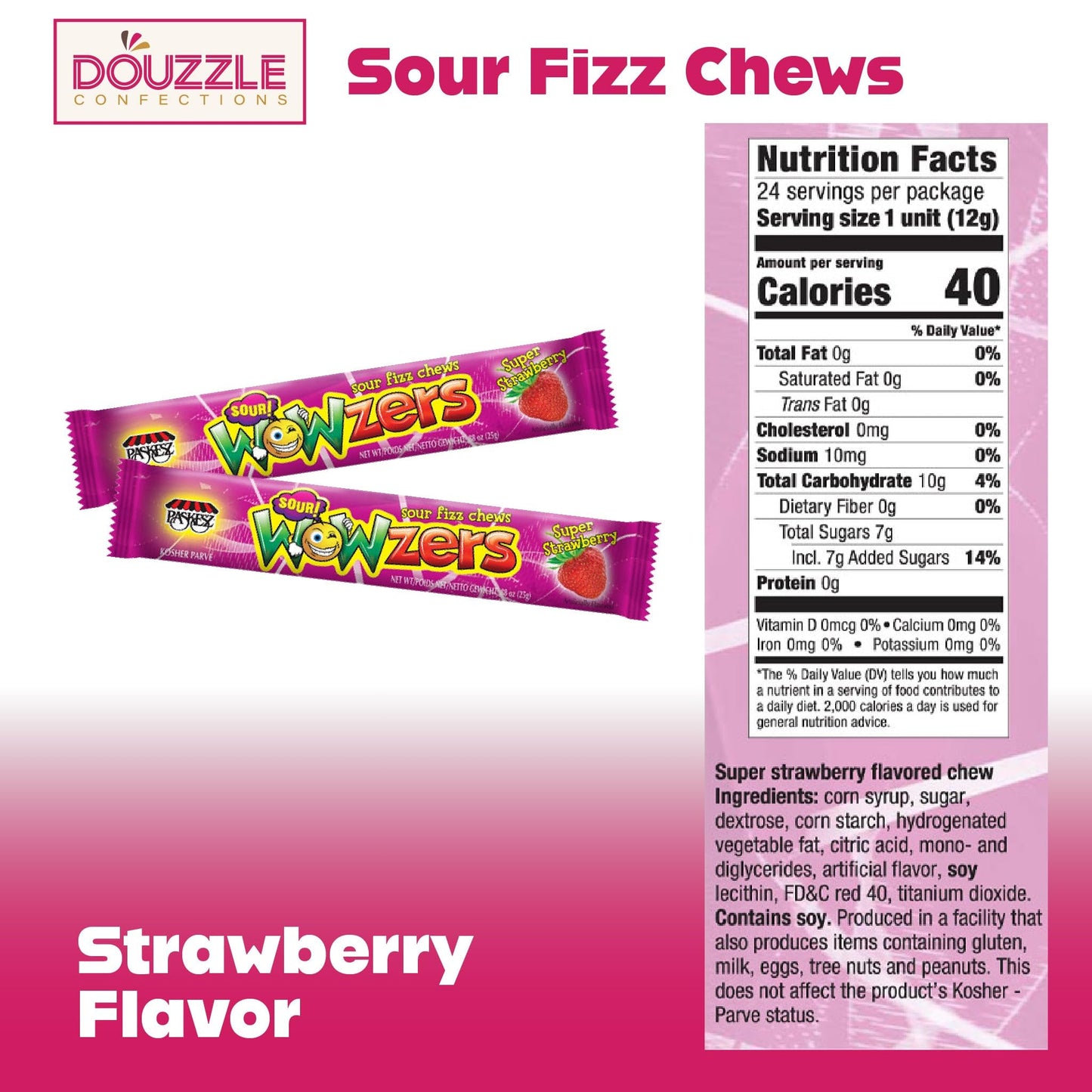 Douzzle Sour Wowzers Minis, Super Strawberry Sour Fizz Chews (24 Count, Pack Of 1) Individually Wrapped Candies, Birthday Party