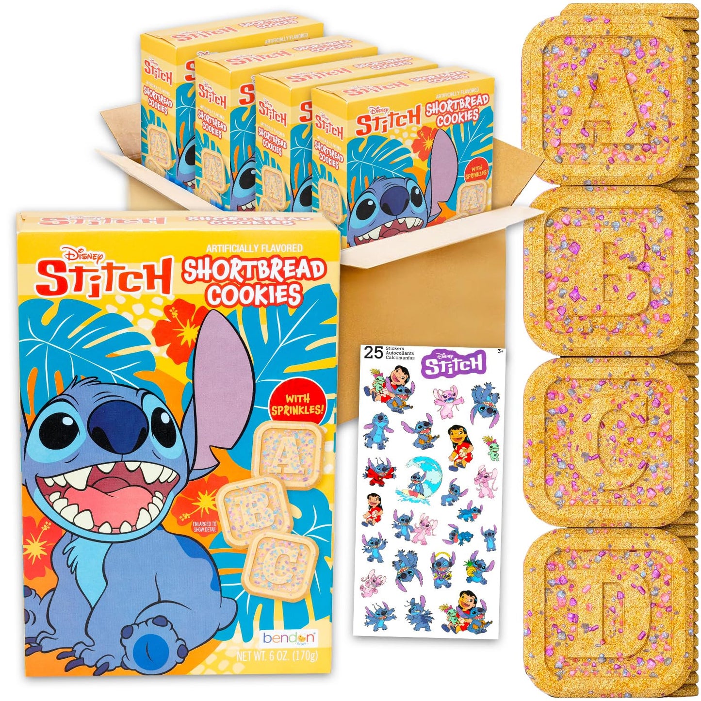 Disney Lilo And Stitch Shortbread Cookies Snack Box (6Oz) - Pantry Birthday Party Favors 4 Cookie Pack Bundle With Stitch Sprinkled Cookie Sweet  , Stickers | Kids Snacks For School Lunch