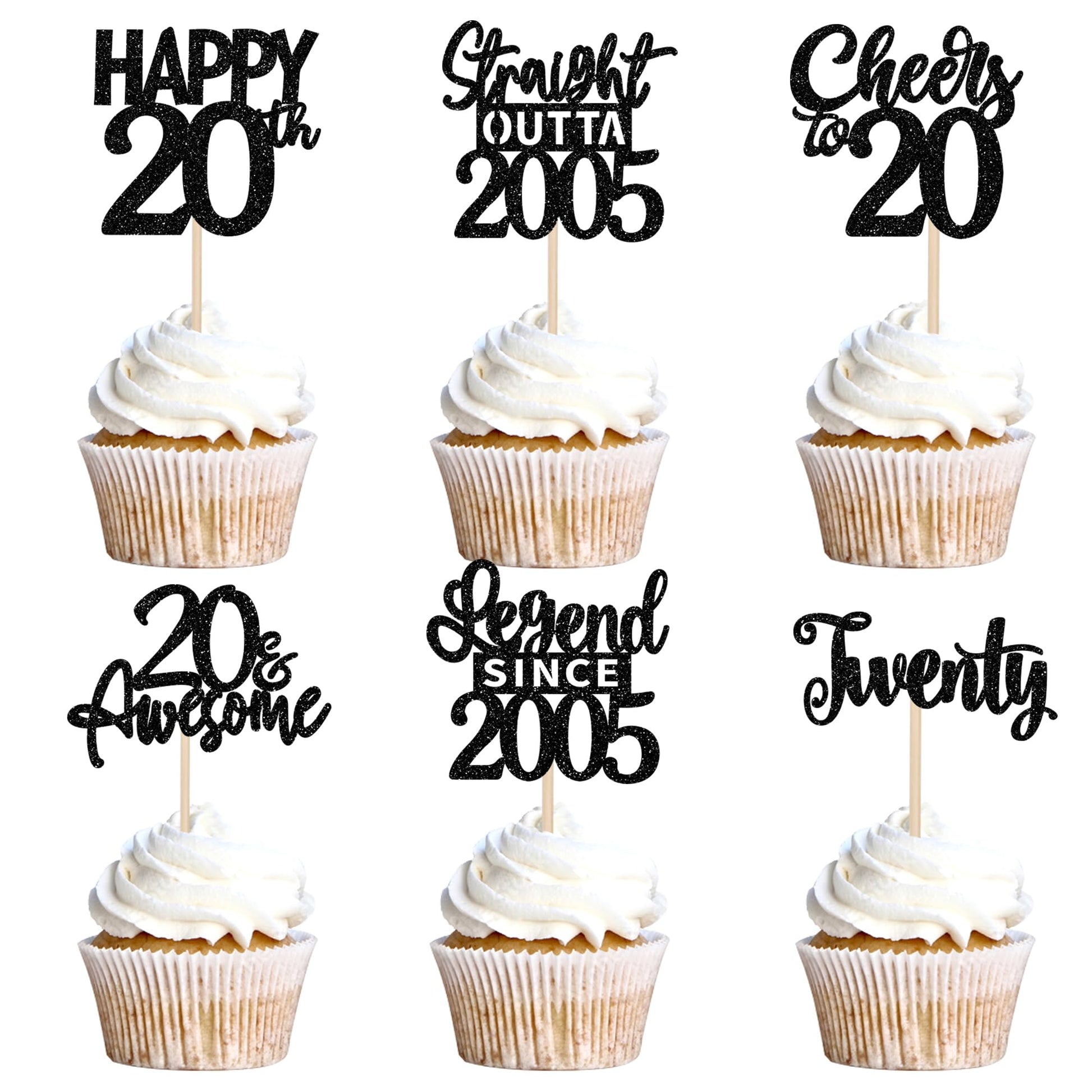 24PCS Black Happy 20th Birthday Cupcake Toppers Twenty Straight Outta 2005 Cupcake Picks Cheers to 20 Lengend Since 2005 Cake De