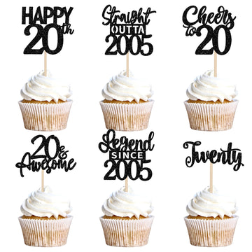 24PCS Black Happy 20th Birthday Cupcake Toppers Twenty Straight Outta 2005 Cupcake Picks Cheers to 20 Lengend Since 2005 Cake De