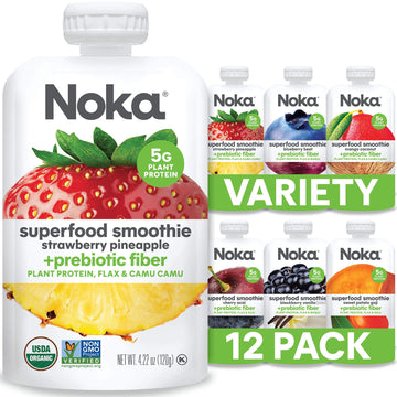 Noka Superfood Fruit Smoothie Pouches Variety Pack  Healthy Snacks with Flax Seed  Plant Protein and Prebiotic Fiber  Vegan and Gluten Free Snacks  Made in USA  Organic Squeeze Pouch  4.22 oz  12 Count