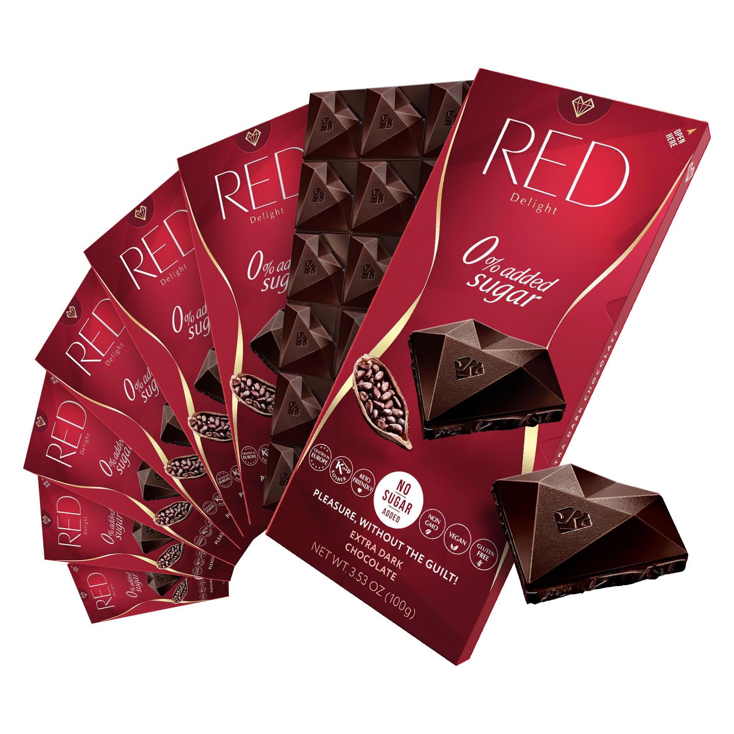 Red Delight Extra Dark Chocolate Bars - Keto-Friendly Vegan Snack - 3.53 oz, Pack of 8 - Gluten-Free, No Added Sugar