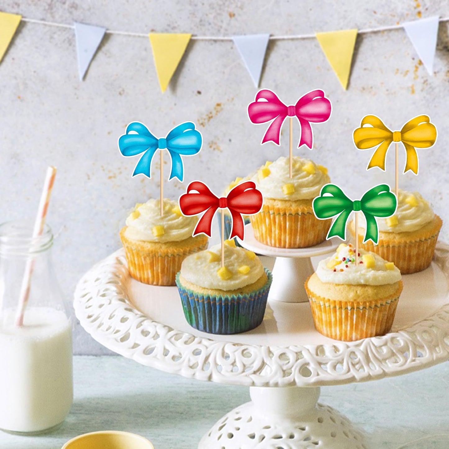 Cyodoos 24Pcs Color Bowknot Cupcake Toppers Cake Dessert Picks Decoration For Baby Shower Princess Cupcake Toppers For Birthday