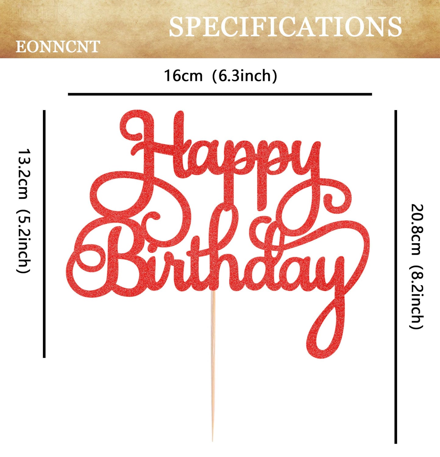 EONNCNT Happy Birthday Cake Topper - Red Glitter Paper Decoration - MOUCCT-HB
