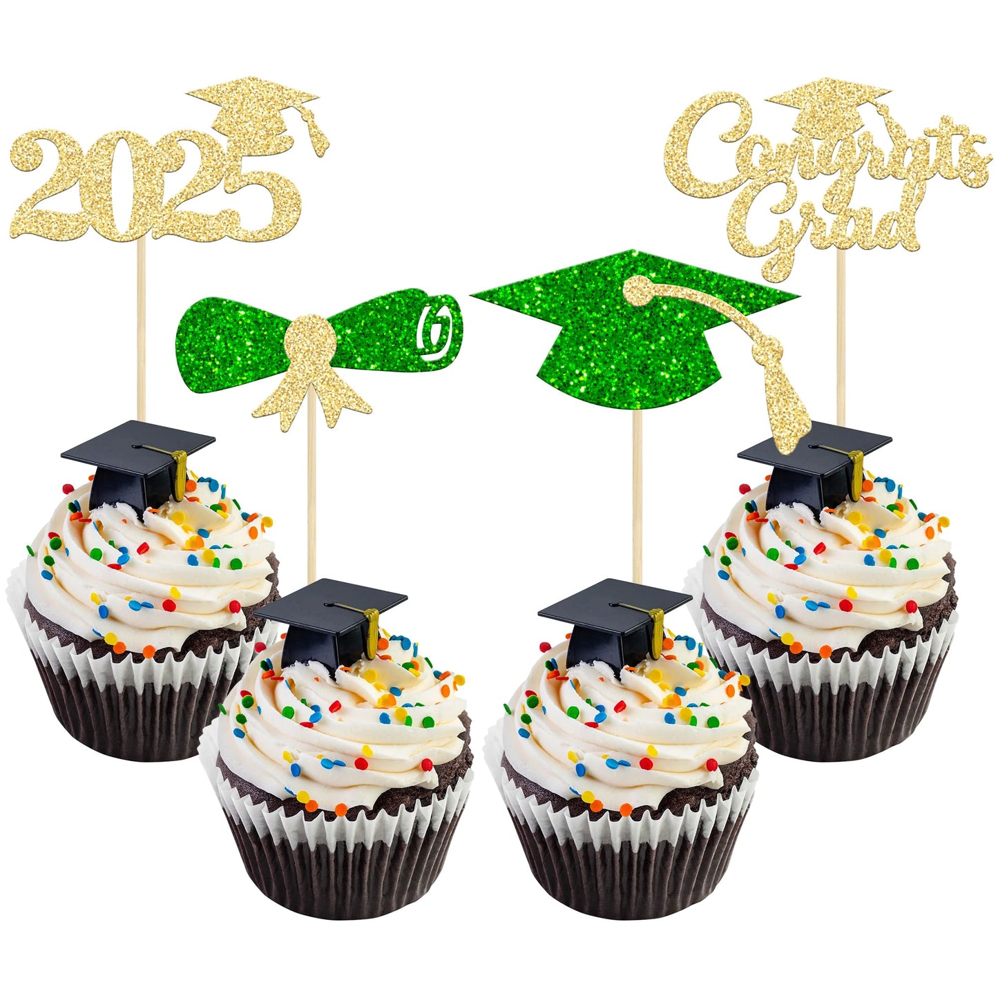 Gyufise 24Pcs 2025 Graduation Theme Cupcake Toppers Glitter Class of 2025 Cupcake Picks Diploma Graduation Cap Cake Decorations 