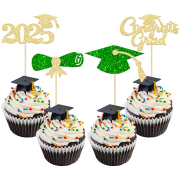 Gyufise 24Pcs 2025 Graduation Theme Cupcake Toppers Glitter Class of 2025 Cupcake Picks Diploma Graduation Cap Cake Decorations 