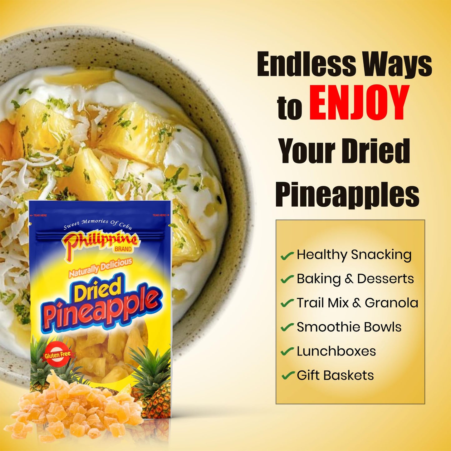 Philippine Brand Dried Pineapple Chunks - 3.5 oz Bag (Pack of 2), Vegan, Gluten-Free, Sweet & Chewy Snack