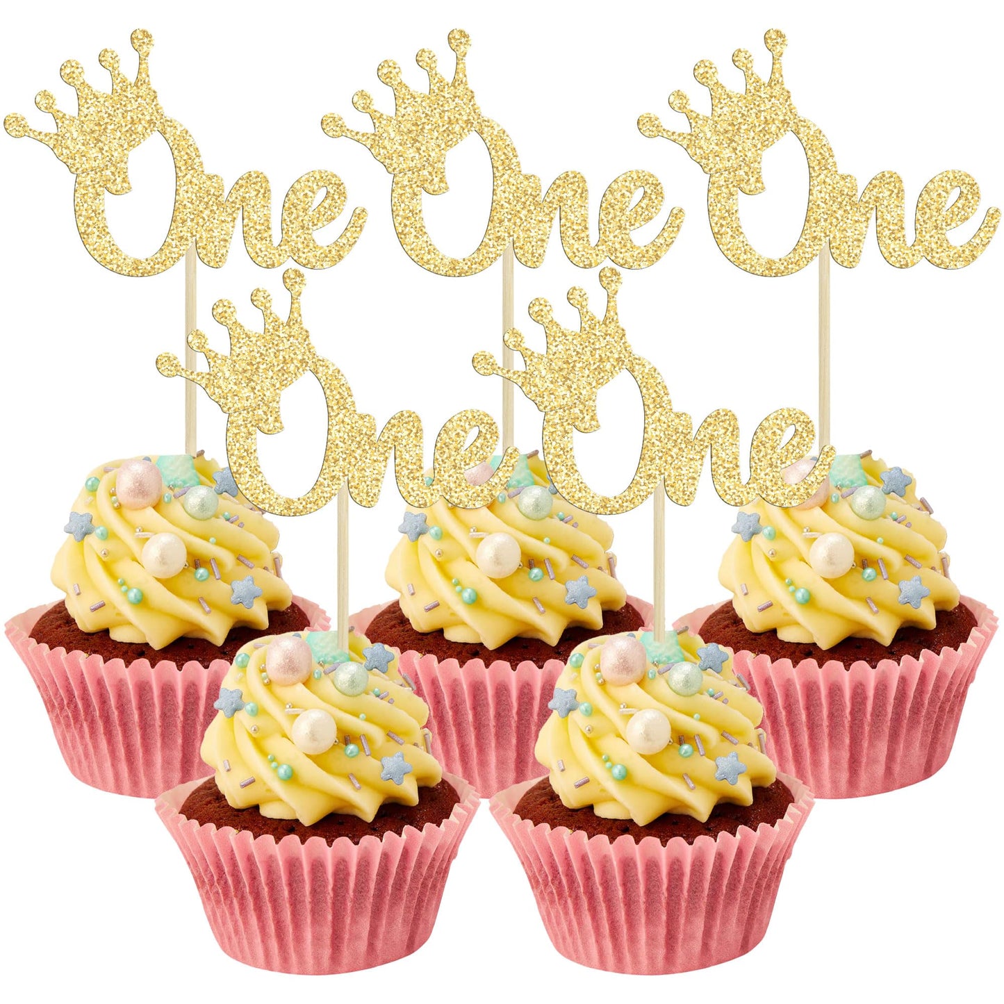 Gyufise 24Pcs Crown Cupcake Toppers Gold Glitter Crown One Cupcake Picks Prince 1St Birthday Crown Cupcake Decors For Prince Cro