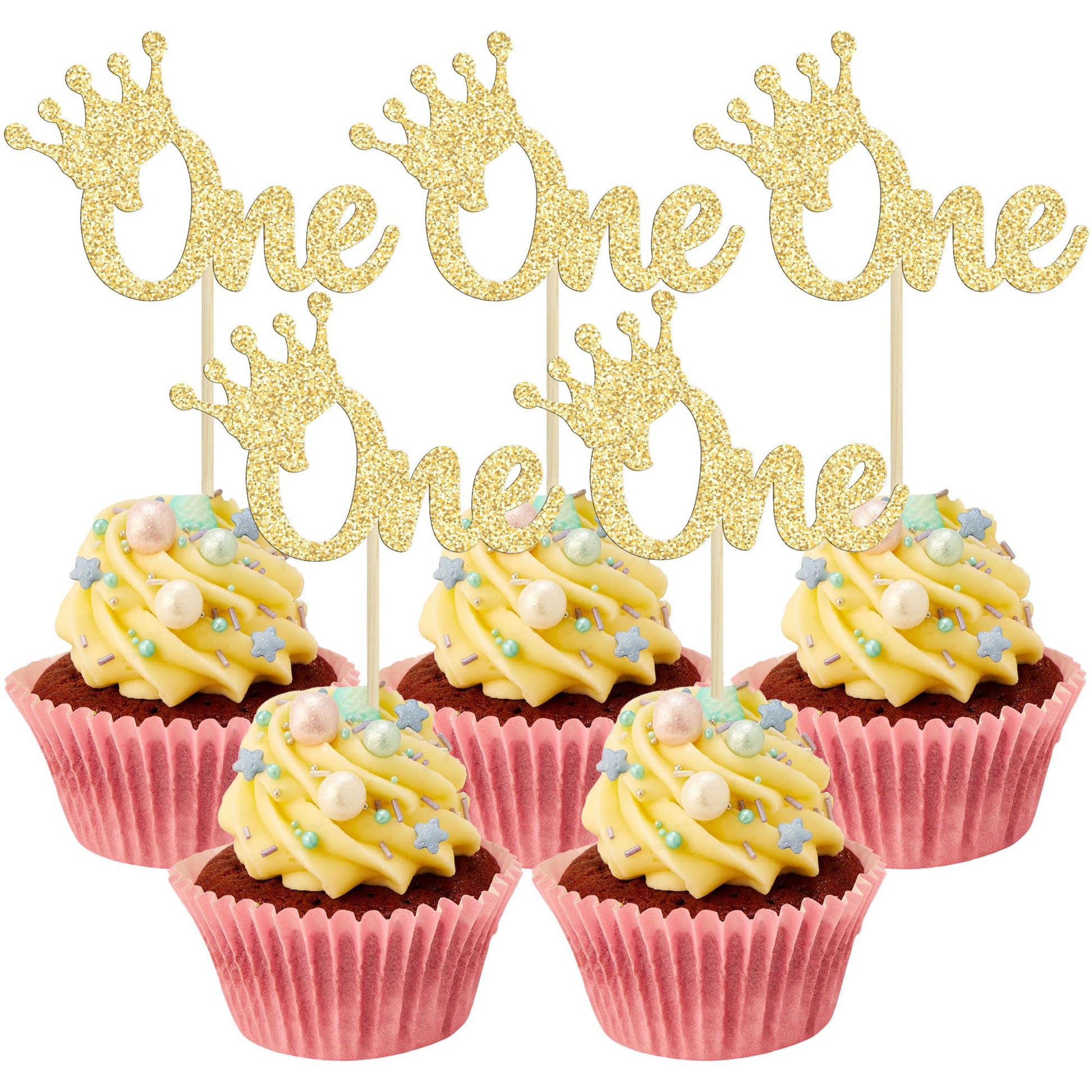 Gyufise 24Pcs Crown Cupcake Toppers Gold Glitter Crown One Cupcake Picks Prince 1St Birthday Crown Cupcake Decors For Prince Cro