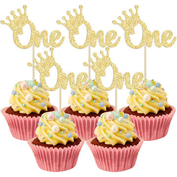 Gyufise 24Pcs Crown Cupcake Toppers Gold Glitter Crown One Cupcake Picks Prince 1St Birthday Crown Cupcake Decors For Prince Cro