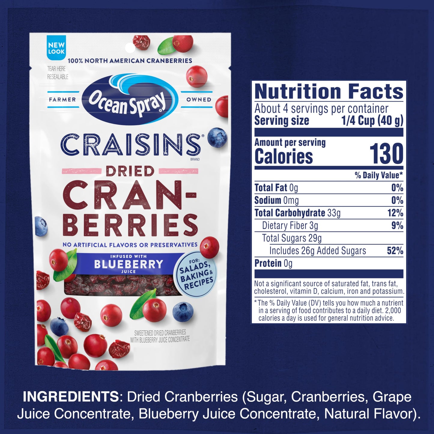 Ocean Spray Craisins Dried Cranberries, Blueberry, 6 Ounce