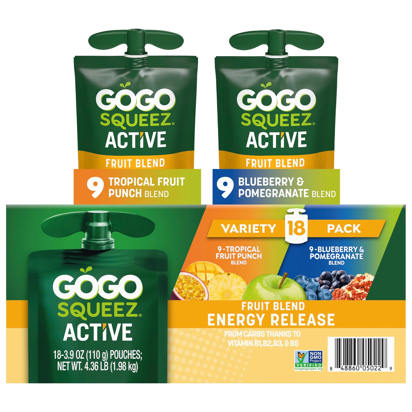 GoGo squeeZ Active Fruit Blend Energy Release|18-Count Variety Pack|Tropical Fruit Punch and Blueberry & Pomegranate|Made with Real Fruit and B Vitamins