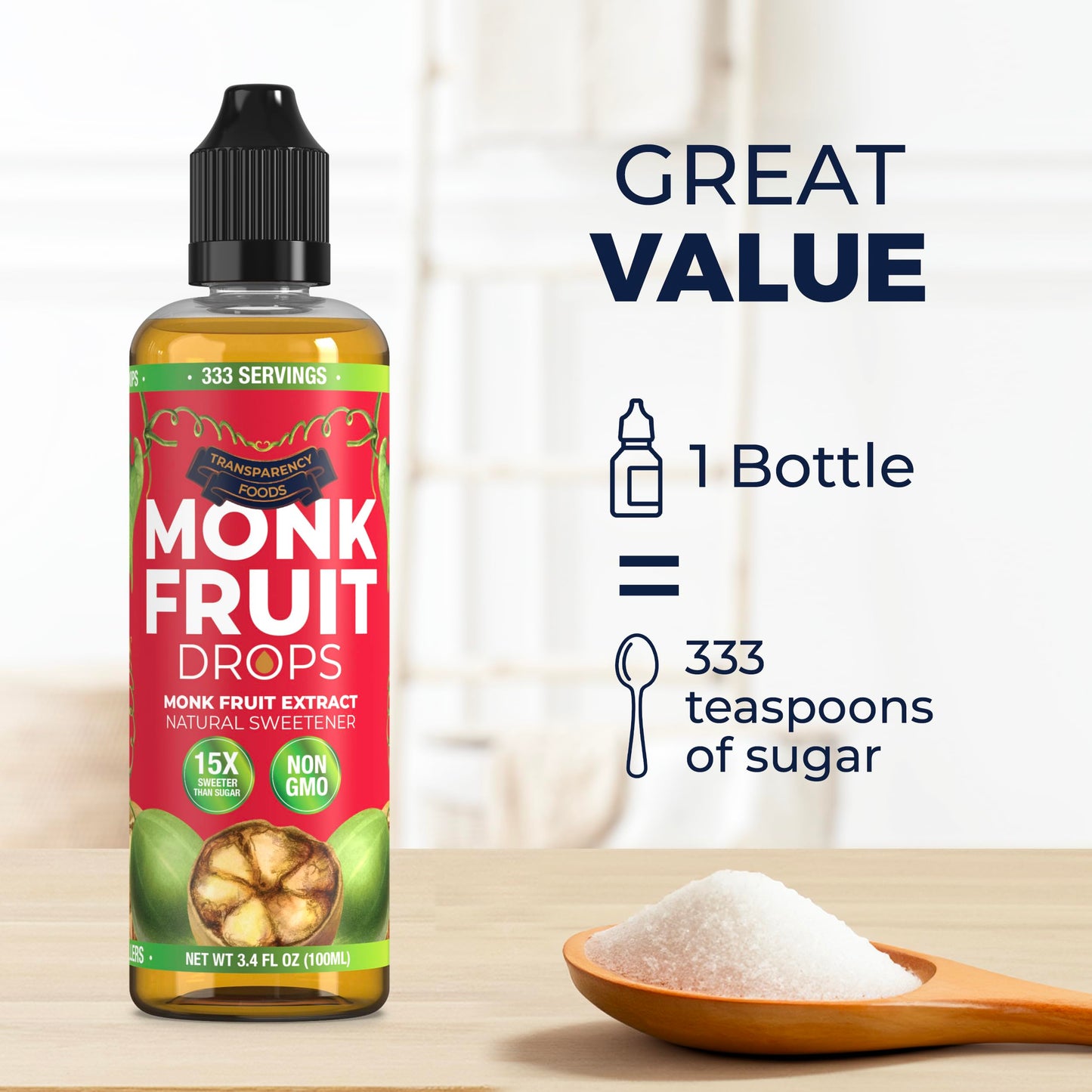 Transparency Foods Monk Fruit Extract Liquid Sweetener, Non-GMO, Zero Calories, 3.4 Fl Oz (Pack of 1)