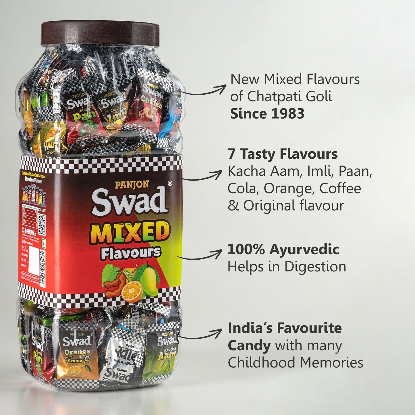 Swad Mixed Flavours Chatpati Goli Candy Jar – 150 Hard Candies With Kaccha Aam Imli Meetha Paan Cola Orange Coffee Original Flavors – Tangy Sweet Indian Candy, Childhood Favorite Treat