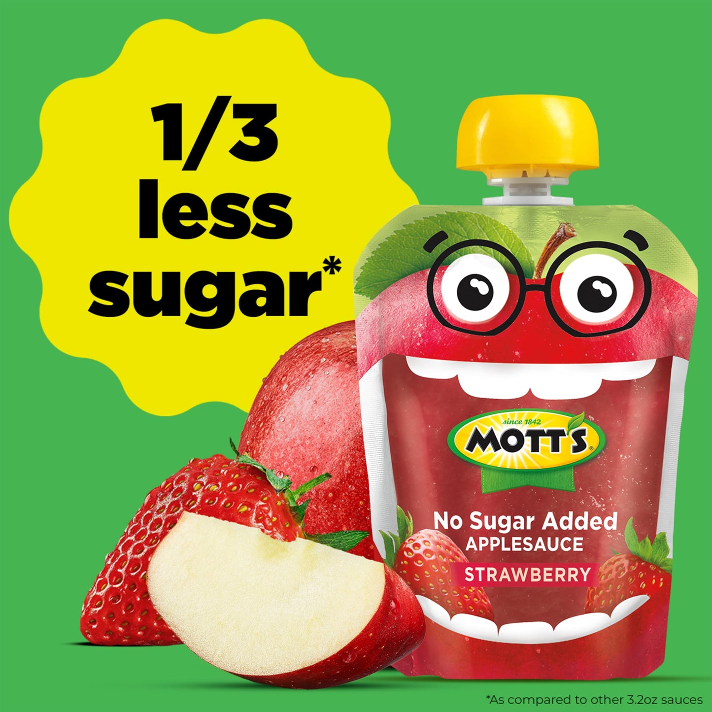 Motts No Sugar Added Strawberry Applesauce, 3.2 oz clear pouches, 12 count