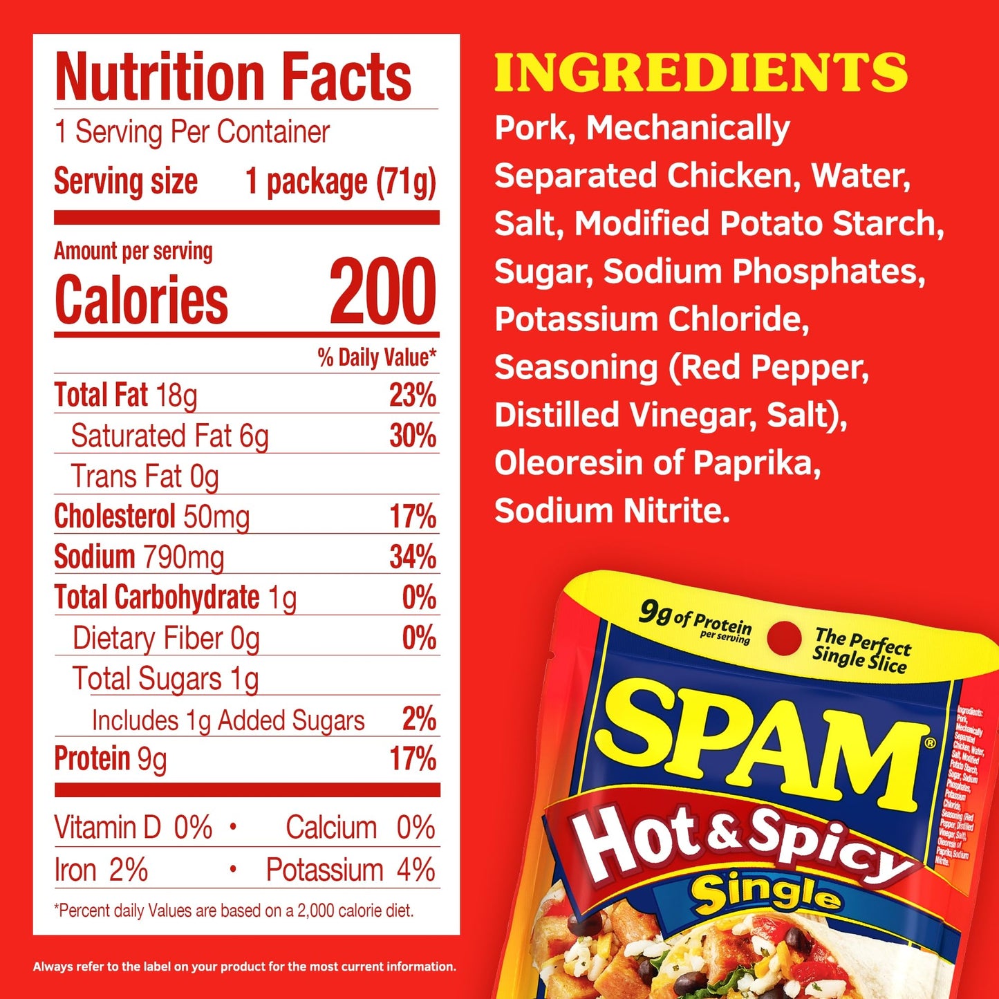 SPAM Single Hot & Spicy 2.5oz Individual Pouch (Pack of 12) Fully Cooked Pork and Ham  9g of Protein  0g Trans Fat  Low Carb  Keto-Friendly  Gluten Free  Easy Open  Perfect for Sandwiches & Breakfast