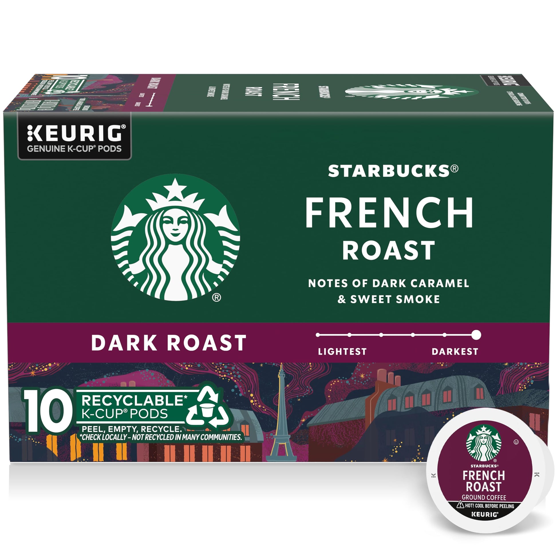 Starbucks K-Cup Coffee Pods, Dark Roast Coffee, French Roast, 100% Arabica, 1 Box (10 Pods)