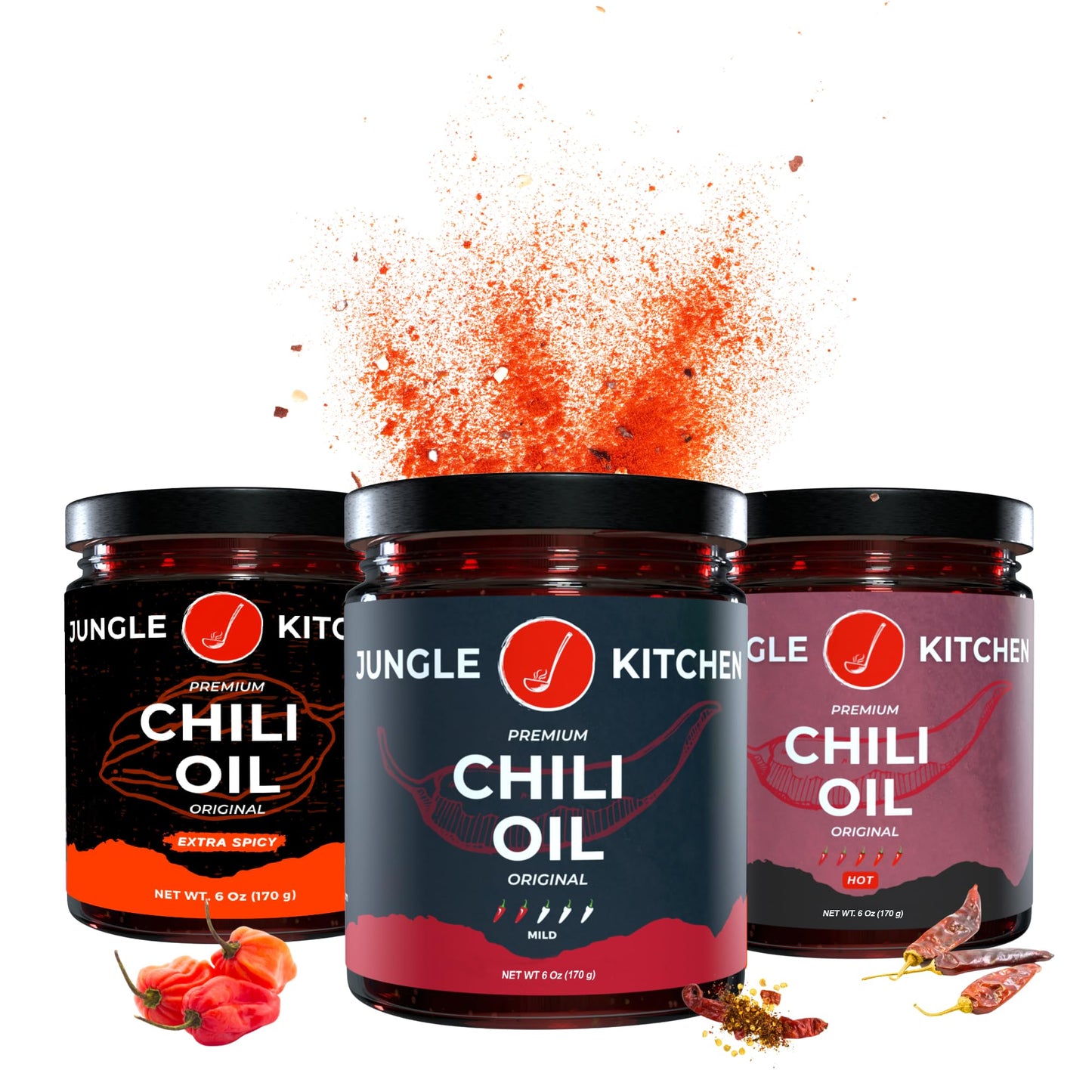 Jungle Kitchen Crunchy Garlic Chili Oil Vegan & Gluten-Free - Mild, Spicy, and Extra Spicy Chili Crisp Variety Pack - Crunchy Ga
