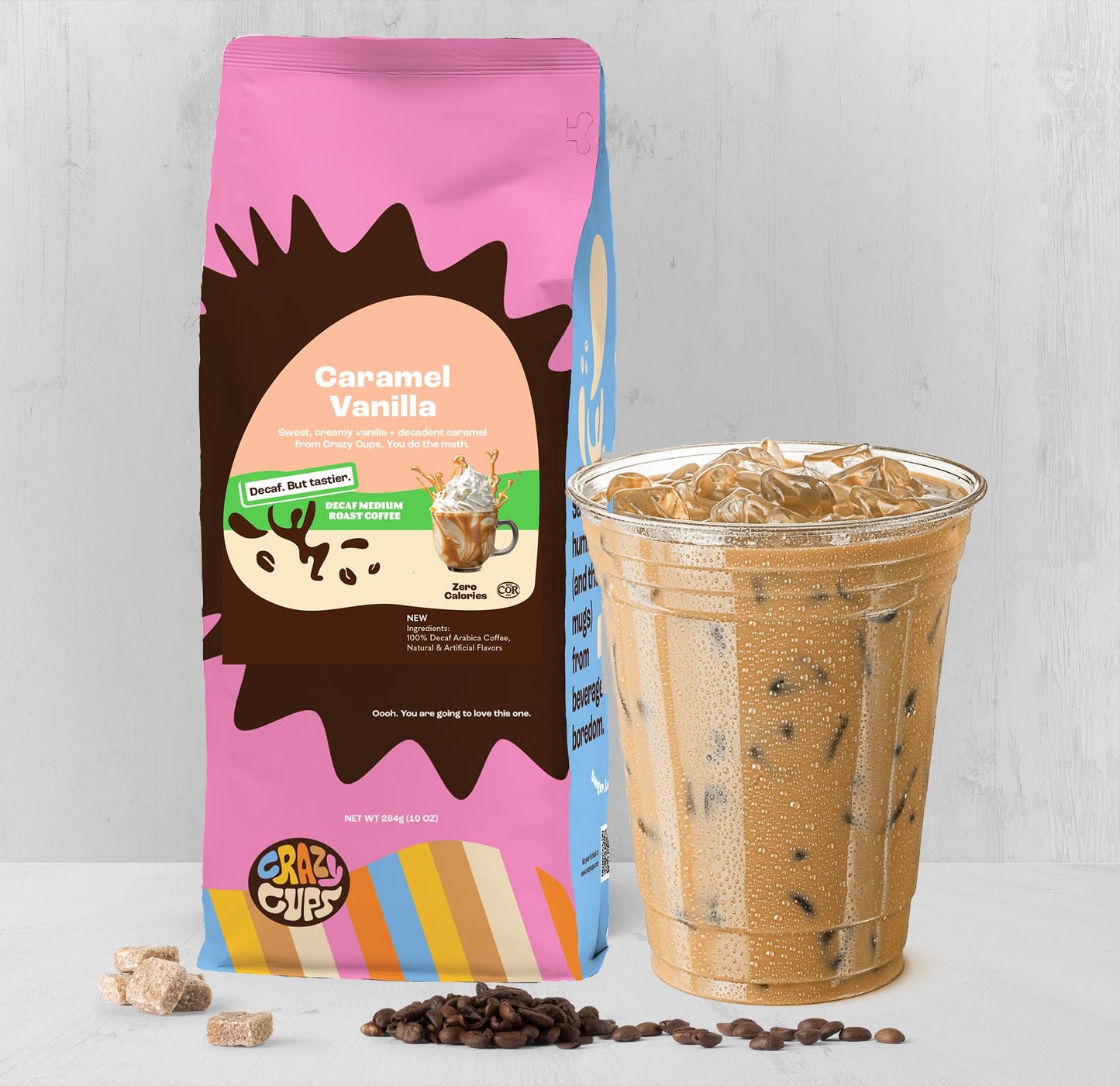 Crazy Cups Decaf Flavored Ground Coffee, Caramel Vanilla, in 10 oz Bags, For Brewing Flavored Hot or Iced Decaf Coffee, 3 Pack