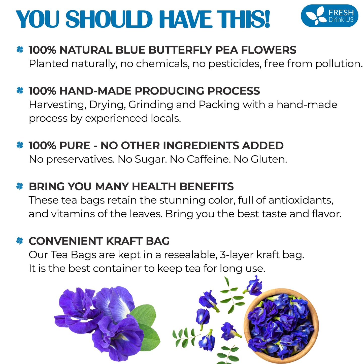 FRESHDRINKUS Blue Butterfly Pea Flower Tea Bags, 100% Natural, Vegan, 75 Count