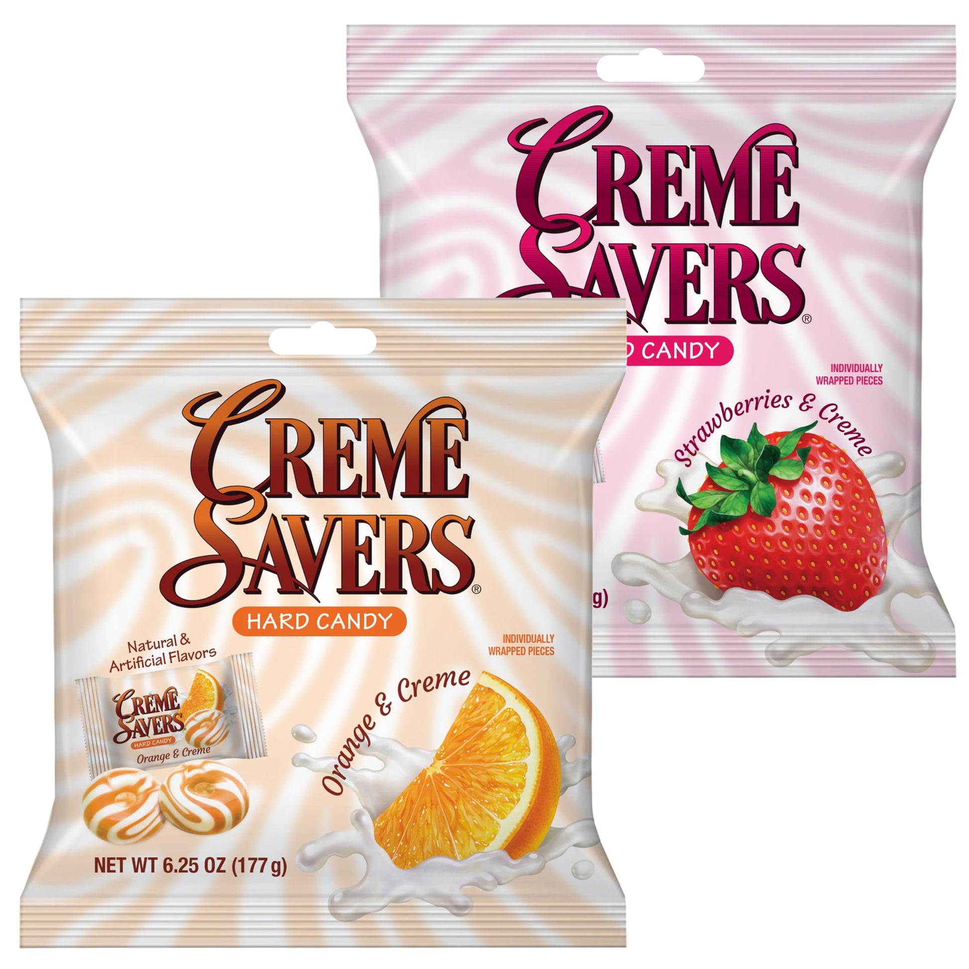 Cream Savers Strawberry & Cream and Orange & Cream, 6.25 Ounce Bag (Pack of 2), Individually Wrapped Hard Candy, Orange Candy, S