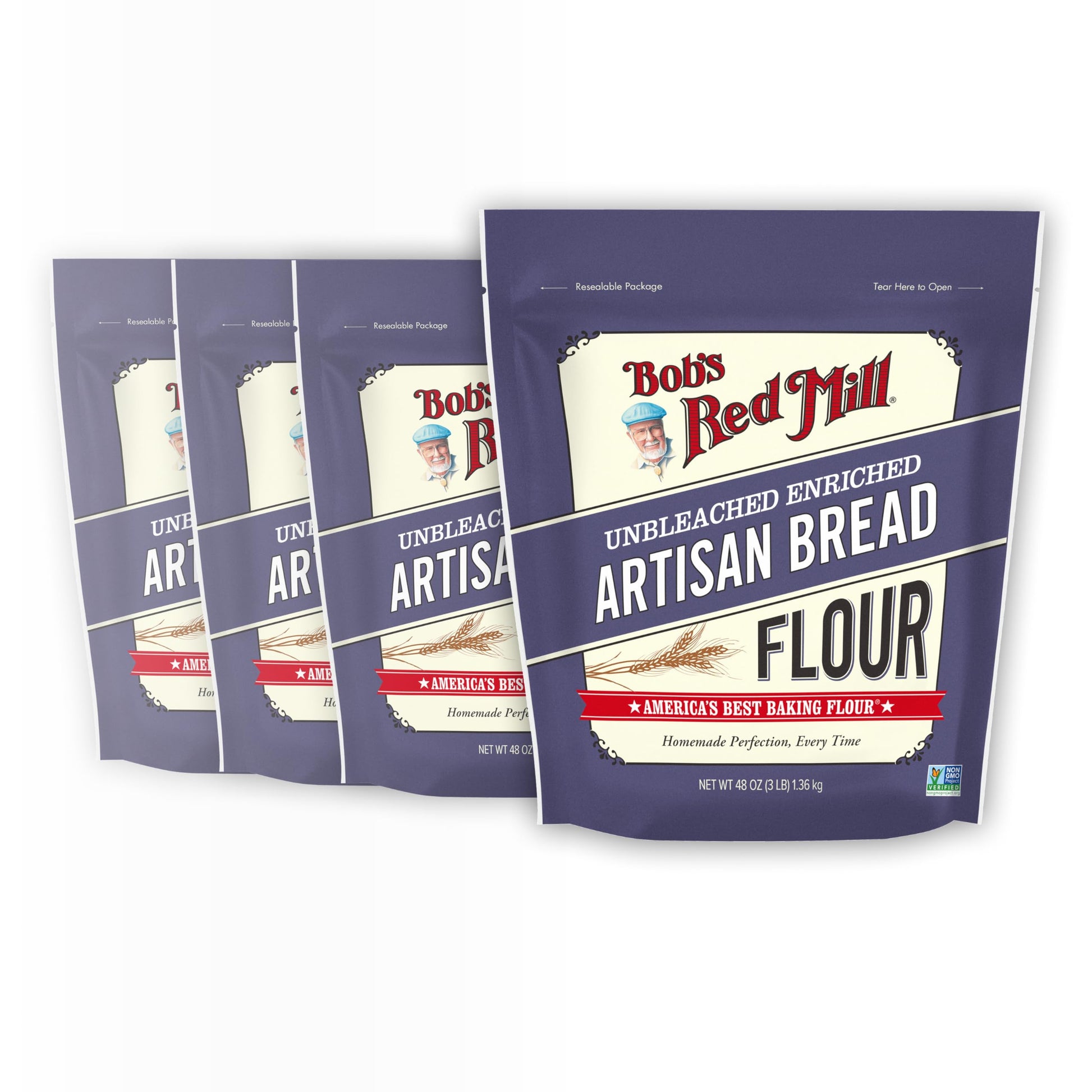 Bobs Red Mill Artisan Bread Flour  3 Pound (Pack of 4) - Unbleached  Unbromated  Non-GMO  Vegan