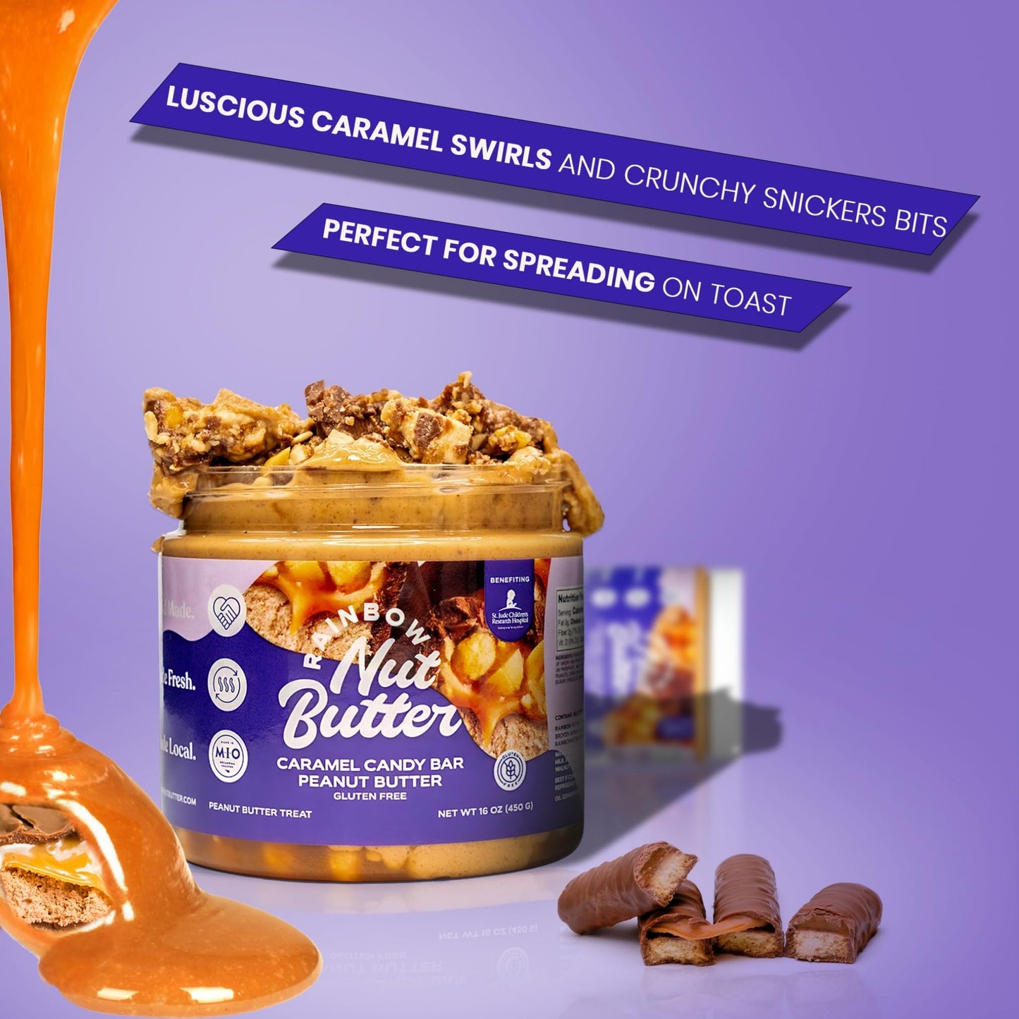 Rainbow Nut Butter, Caramel Candy Bar Peanut Butter Spread, Treat, Snack, Chocolate Bar Consisting Of Nougat Topped With Caramel