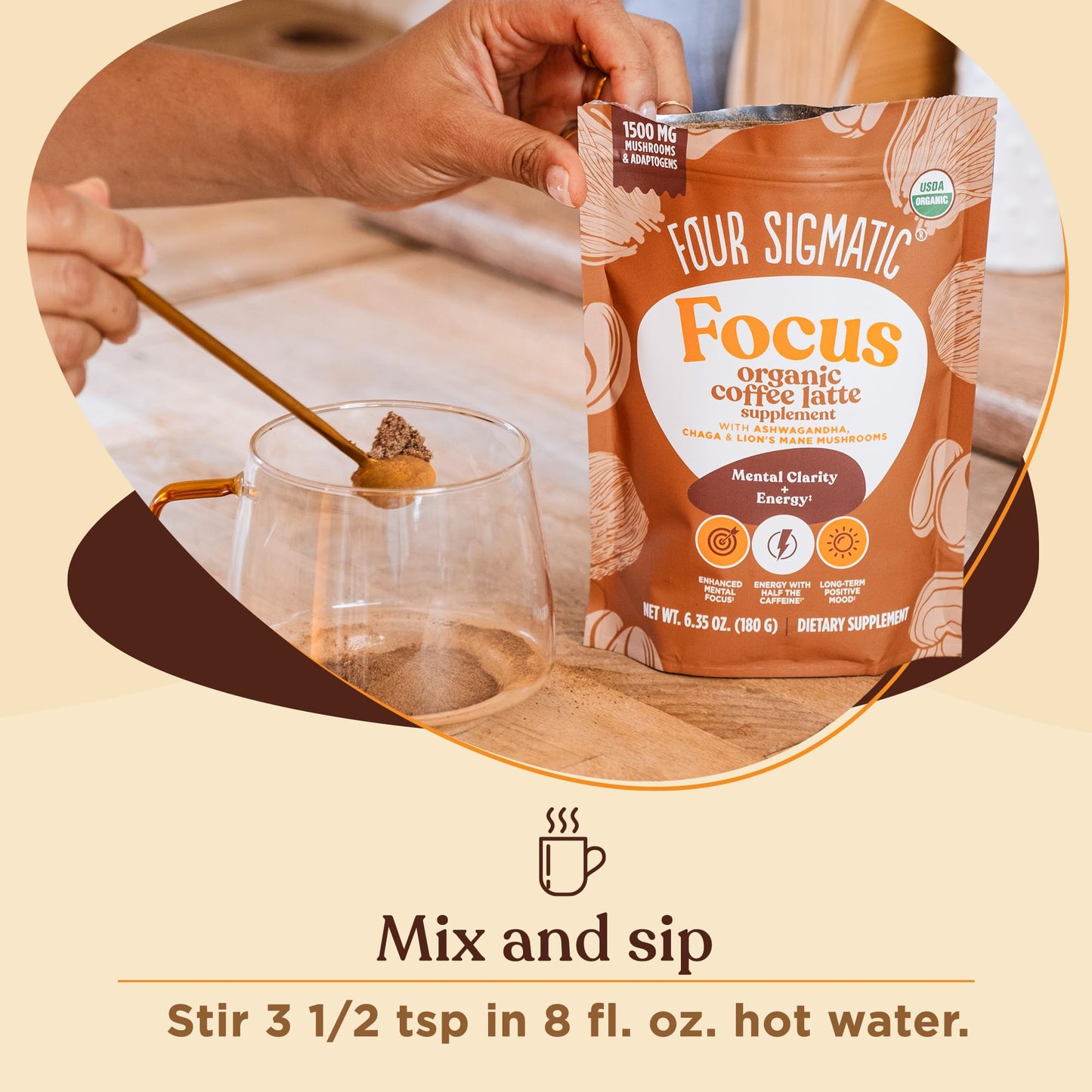 Four Sigmatic Focus Organic Mushroom Coffee Latte, 1500mg Adaptogens, 30 Servings - Energy, Focus & Immune Support, 6.35 Ounce