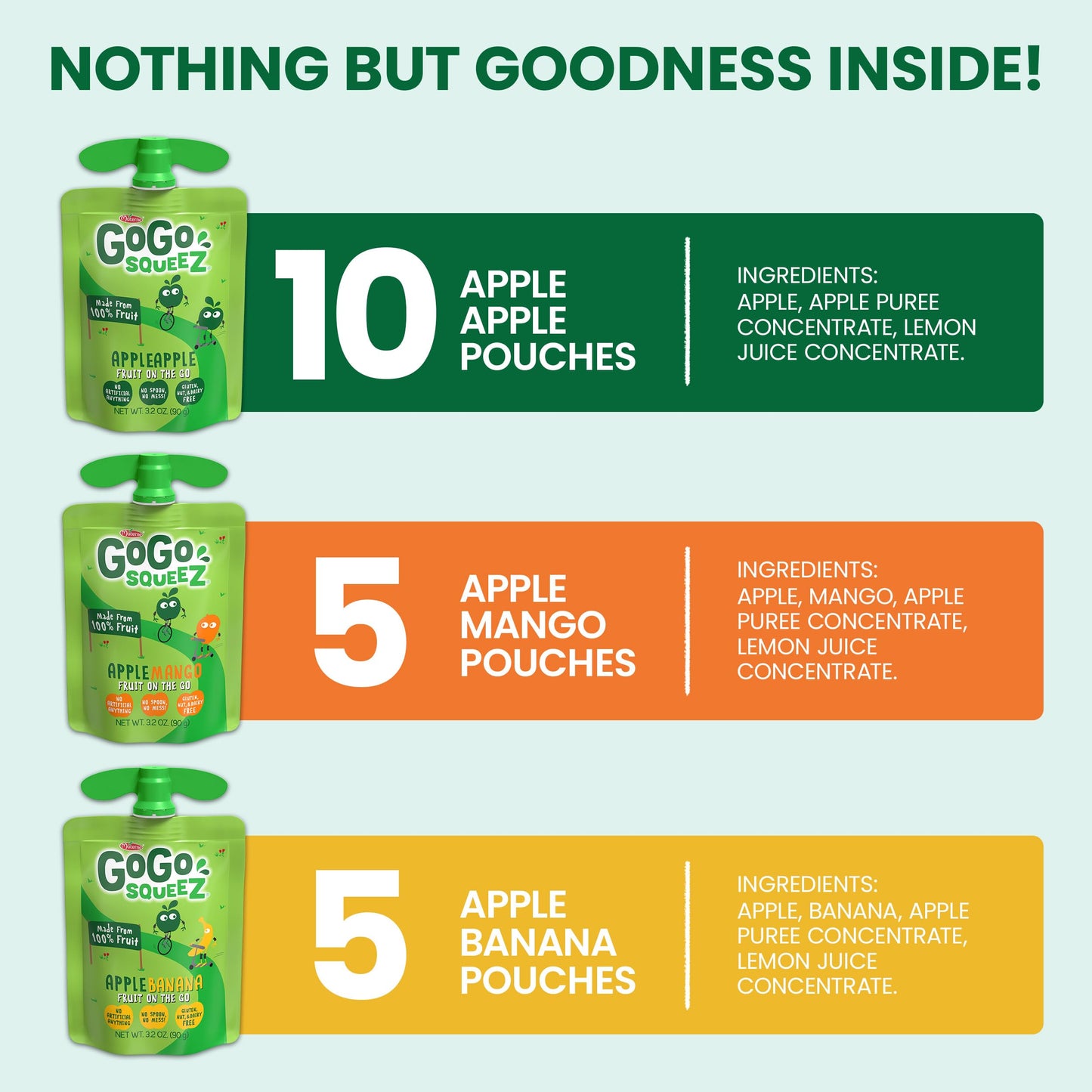 GoGo SqueeZ Applesauce Variety Pack, Apple Mango Banana, 3.2 oz (Pack of 20), Gluten Free, Nut Free, Dairy Free, BPA Free