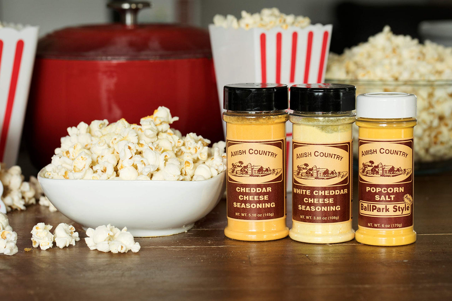 Amish Country Popcorn | BallPark Style Buttersalt - 5.5 oz, Cheddar Cheese - 4.7 oz & White Cheddar Cheese - 3.8 oz Popcorn Seas