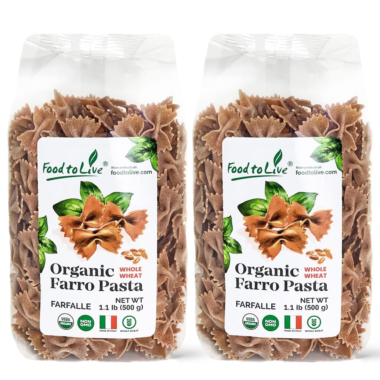 Food to Live - Organic Farro Farfalle Pasta, 1.1 lb (Pack of 2) - Italian Whole Wheat and Non-GMO Bow-tie Pasta, Single Ingredie