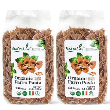 Food to Live - Organic Farro Farfalle Pasta, 1.1 lb (Pack of 2) - Italian Whole Wheat and Non-GMO Bow-tie Pasta, Single Ingredie