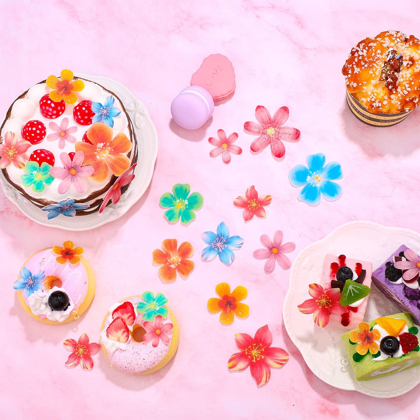 314 Pieces Flowers Cupcake Toppers Wedding Cake Wafer Flowers Cupcake Toppers Birthday Party Food Decoration Mixed Size And Colo