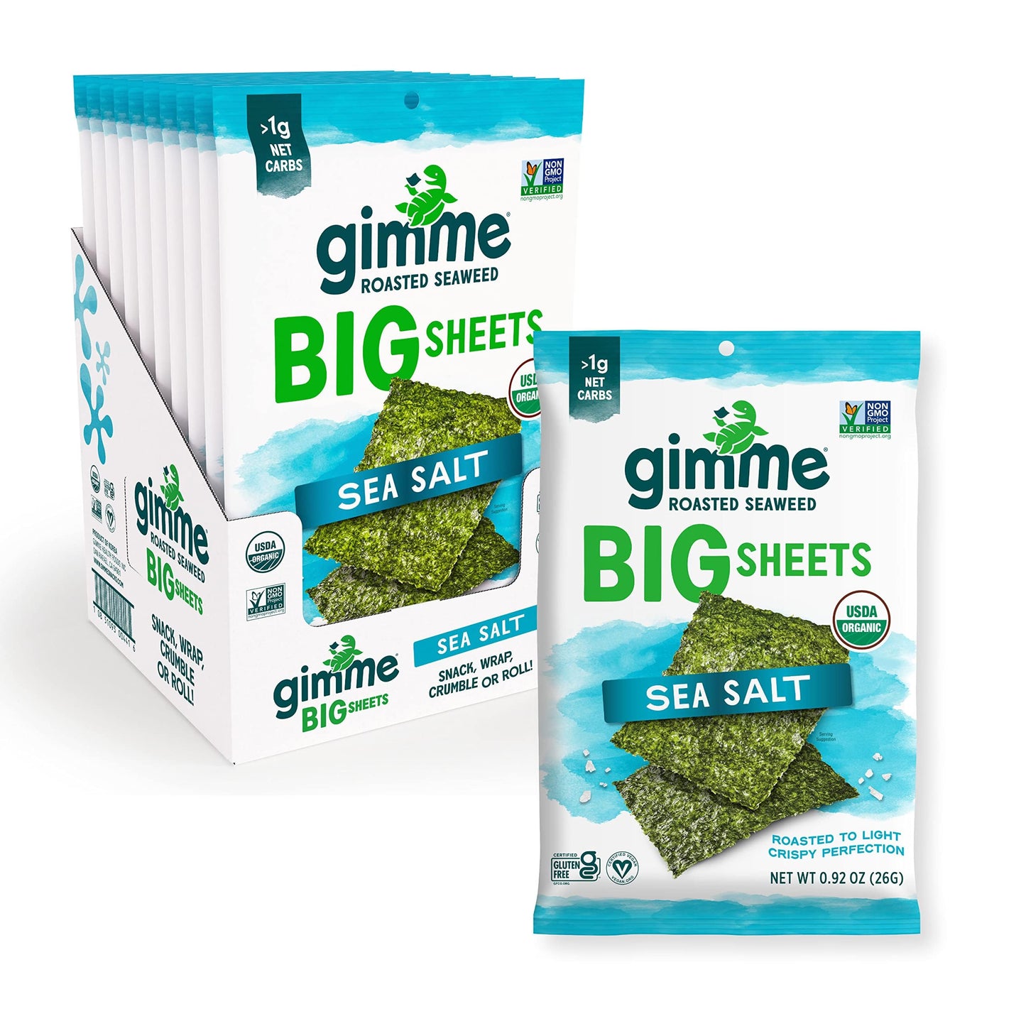 gimMe Organic Roasted Seaweed Sheets, Sea Salt, Keto, Vegan, Gluten-Free, 0.92oz (Pack of 10), Big Sheets, White