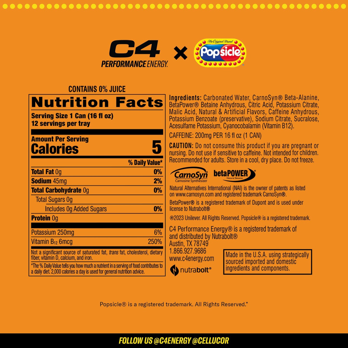 Cellucor C4 Energy Drink - Hawaiian Pineapple Popsicle, Carbonated, Sugar Free, 16 Fl Oz, Pack of 12