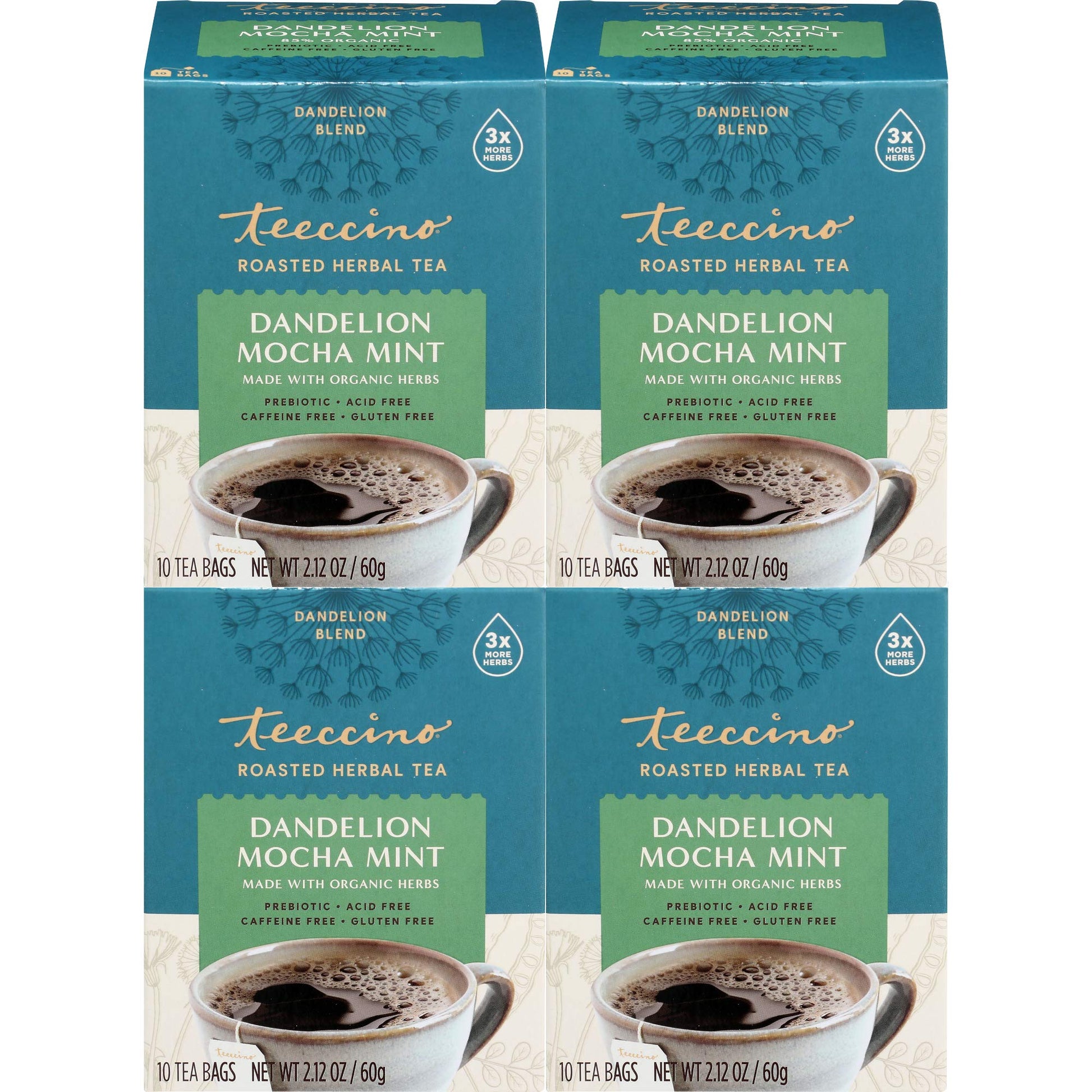 Teeccino Dandelion Mocha Mint Tea - Energy Blend Free  Roasted Herbal Tea With Prebiotics  3X More Herbs Than Regular Tea Bags  Gluten Free - 10 Tea Bags (Pack Of 4)