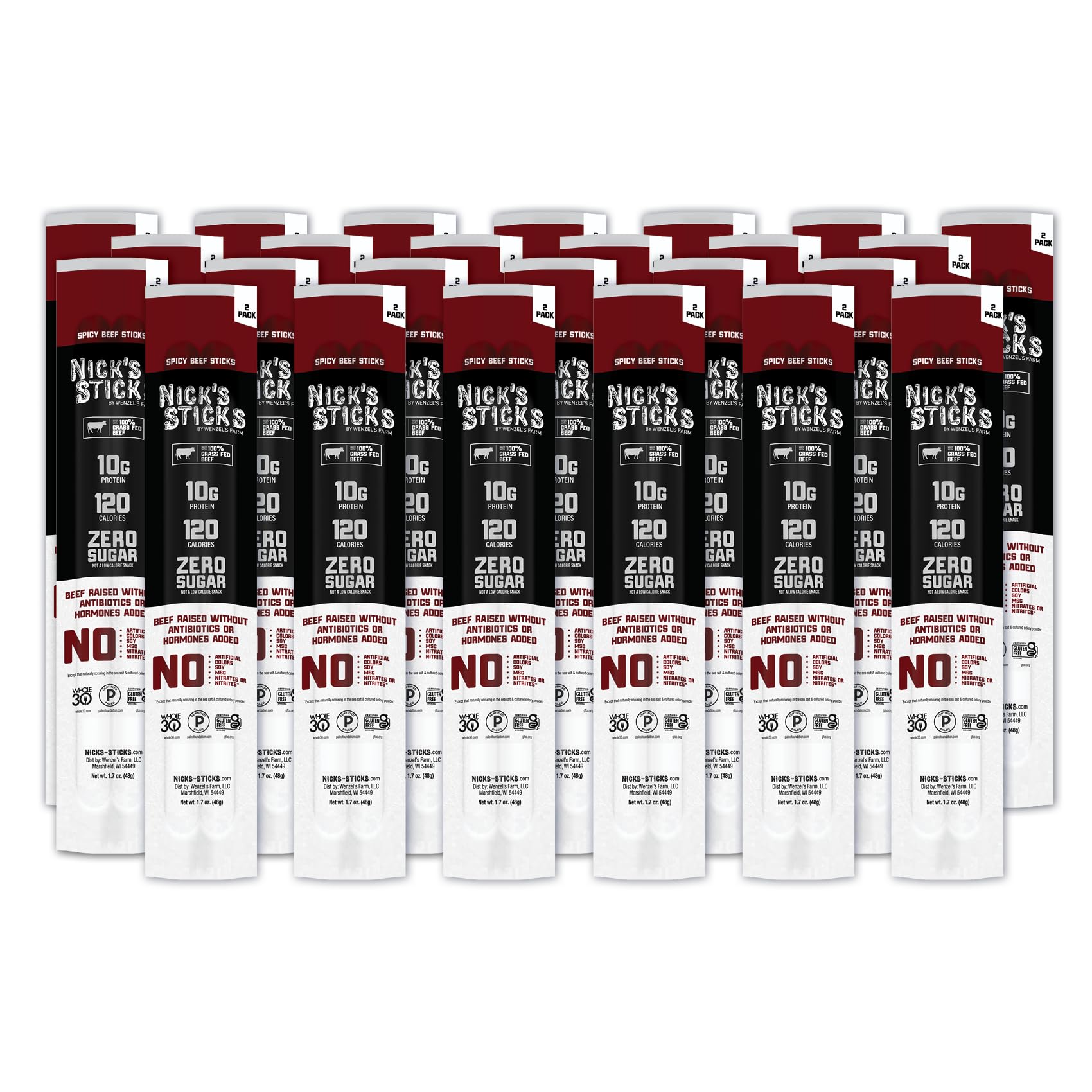Nicks Sticks Clean & Balanced 100% Grass-Fed Spicy Beef Snack Sticks | Made in the USA | Gluten Free | Paleo, Keto, Whole30 Approved | No Soy,  s or  s (25 – 1.7oz. Packs of 2 Sticks)
