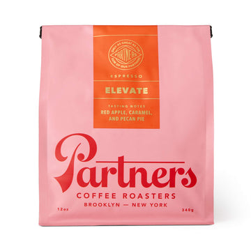 PARTNERS COFFEE ROASTERS - Whole Bean Coffee (Elevate - Espresso, Medium Roast) 12oz - Well-Balanced, Comfortable Espresso - Red