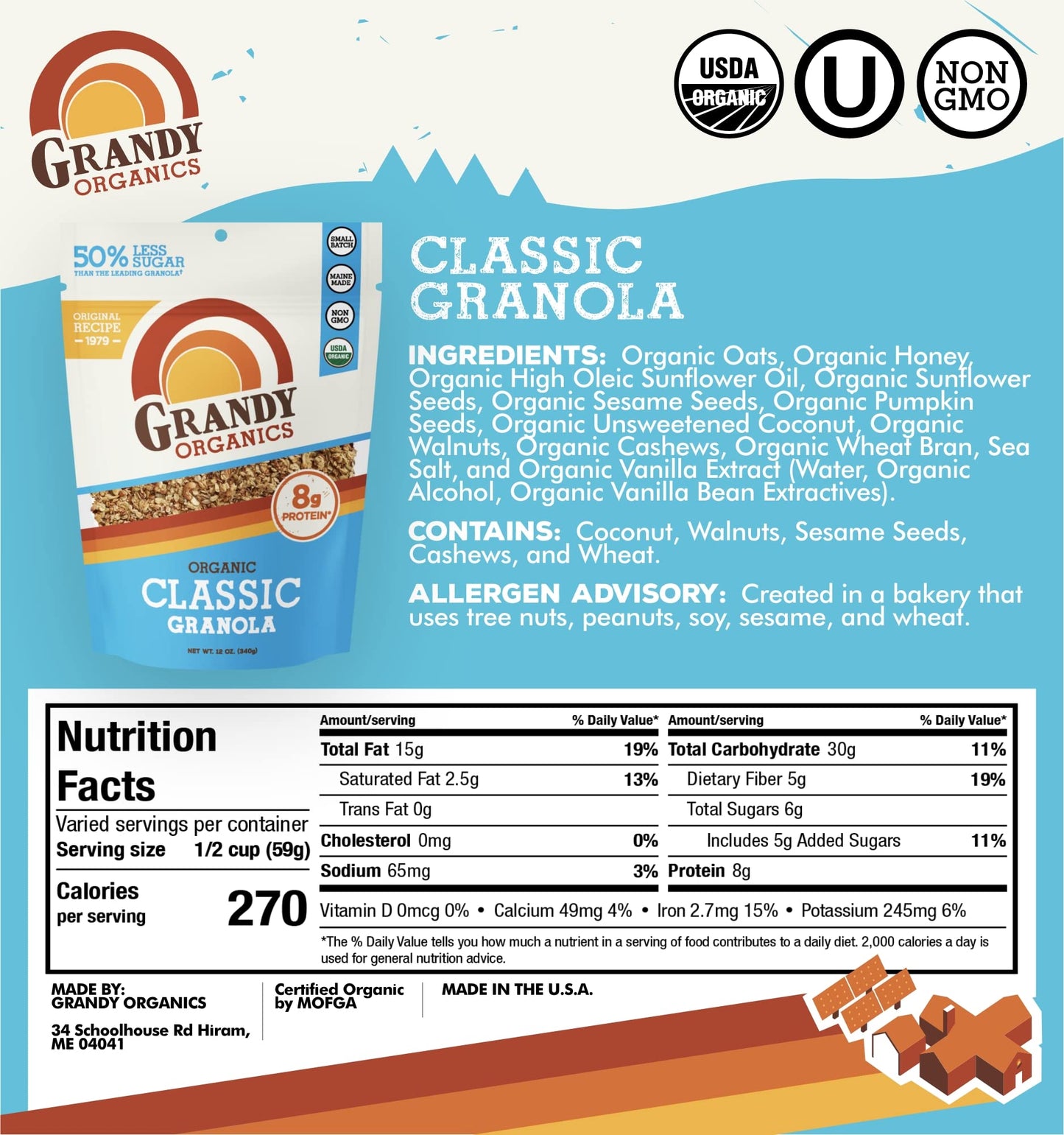 Grandy Organics Organic Granola - Low Sugar, High Protein, Non-GMO - 10lb Bulk Bag