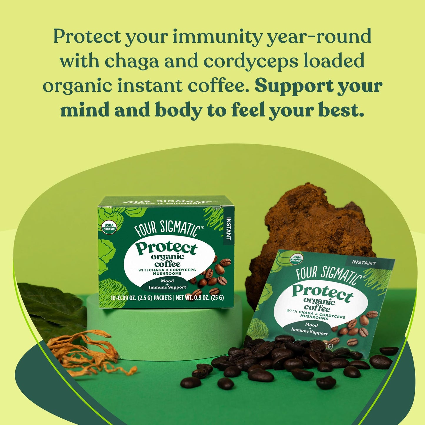 Organic Instant Coffee Powder By Four Sigmatic | Arabica Instant Coffee Singles With Cordyceps, Chaga And Eleuthero | Mushroom C