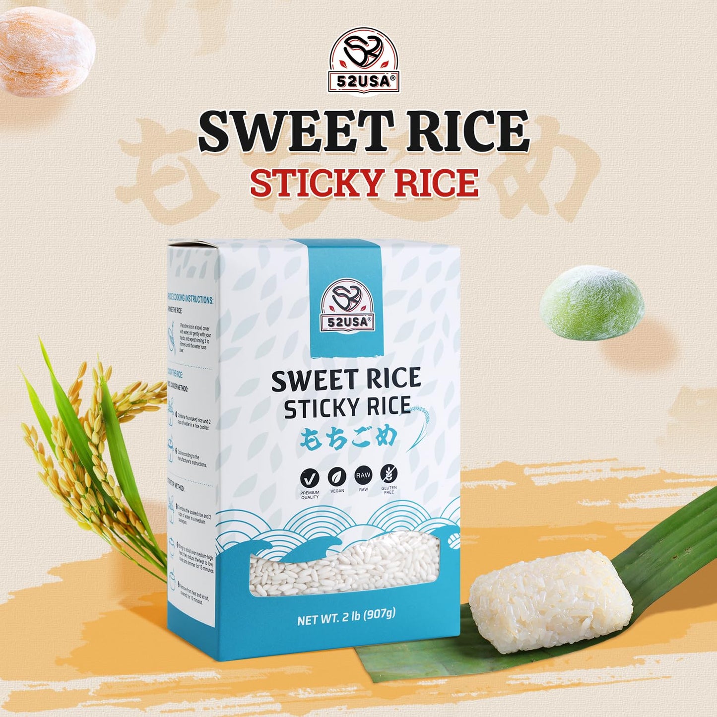 52Usa Sweet Sticky Rice 2 Pound (32 Ounce), Premium Glutinous Rice 907G (Pack Of 1), Gluten-Free, Vegan, All Natural, White Rice