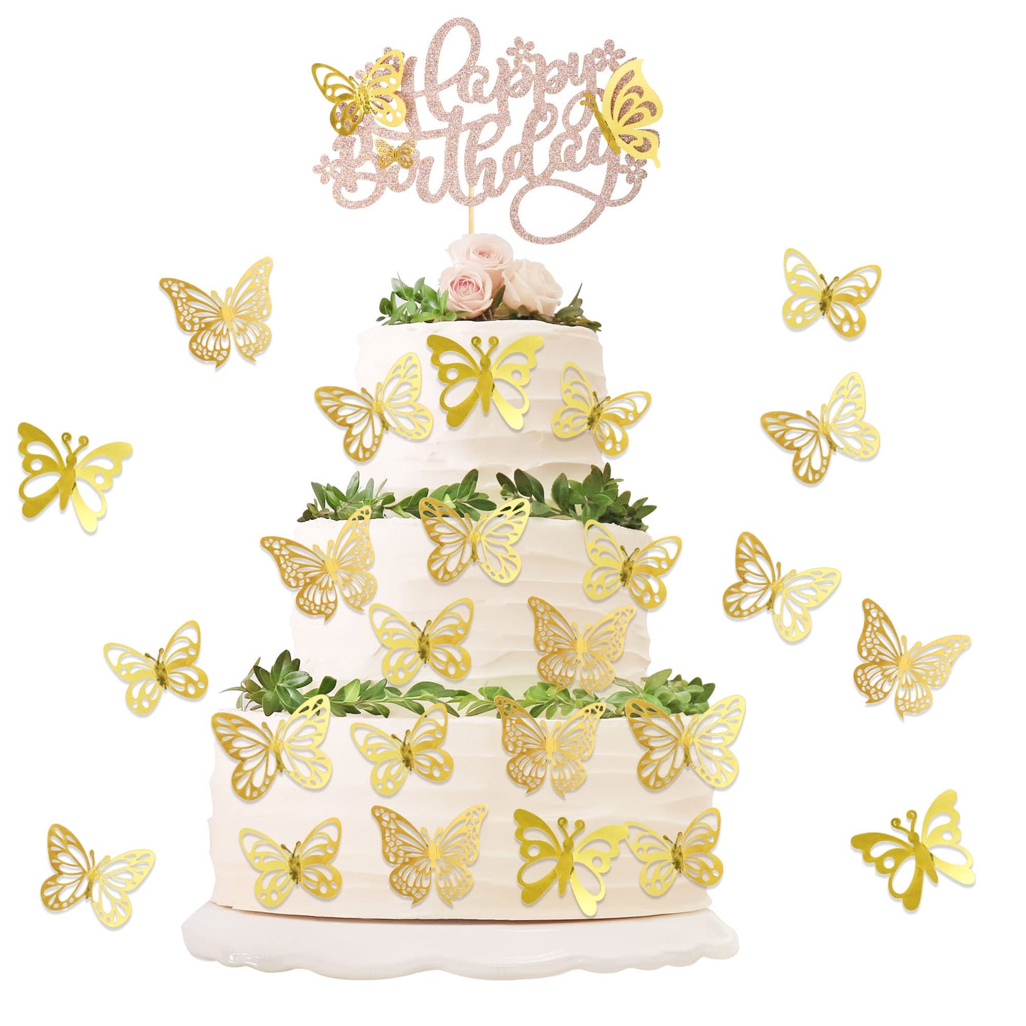 25Pcs Butterfly Cake Toppers Happy Birthday Cake Topper Gold 3D Butterfly Cupcake Topper For Girls Women'S Happy Birthday Cake T