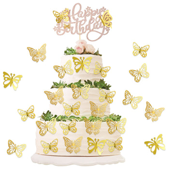25Pcs Butterfly Cake Toppers Happy Birthday Cake Topper Gold 3D Butterfly Cupcake Topper For Girls Women'S Happy Birthday Cake T