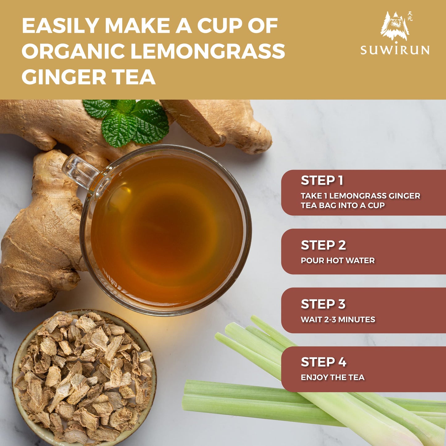 Suwirun Organic Lemongrass And Ginger (25 Tea Bag) - Pure Organic Herbal Tea Thai Herbal Tea Bags Lemongrass Tea Bags And Ginger