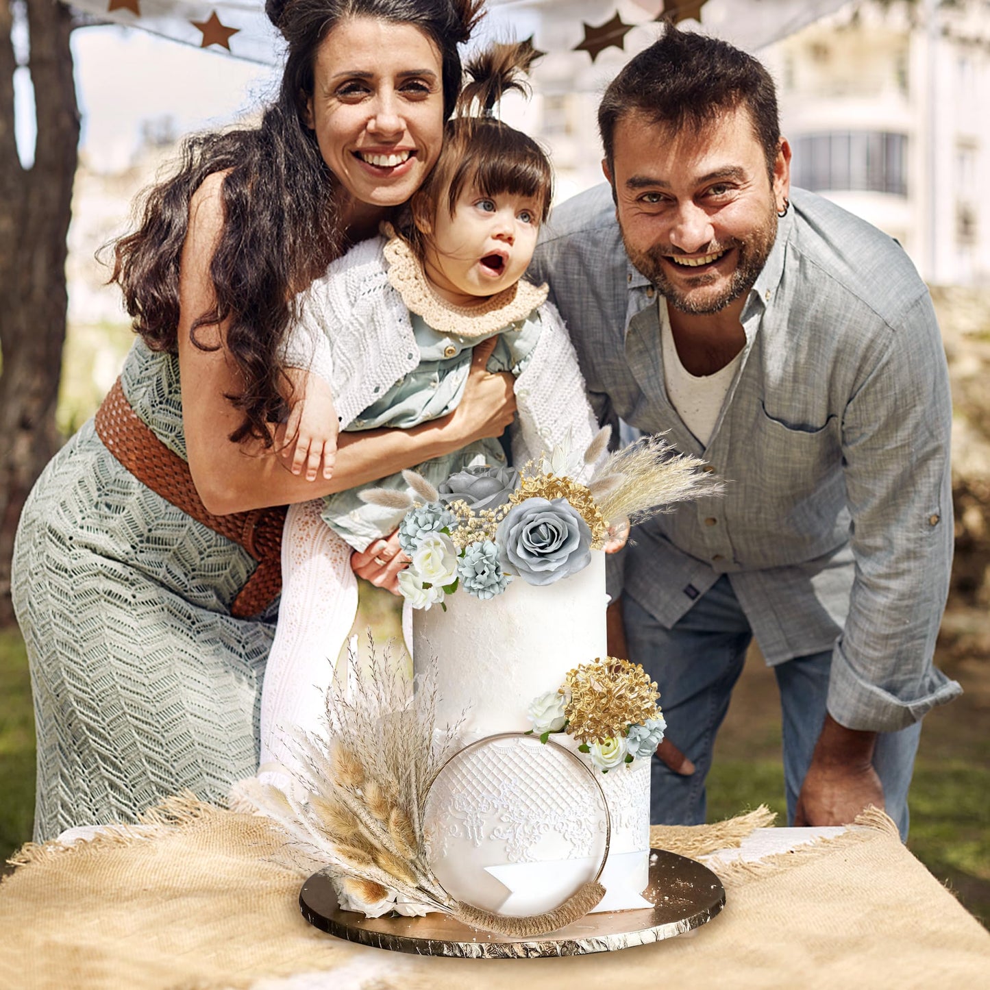 19 Pcs Gray Boho Cake Decorations Flower Cake Toppers Pampas Grass Cake Topper For Wedding Bridal Baby Shower Birthday Party Sup