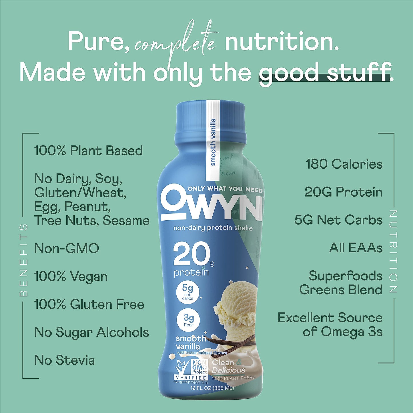 Owyn Only What You Need Plant Based Protein Shake, 20G Vegan Protein From Organic Pumpkin Seed, Flax, Pea Blend, Prebiotic Nutrition Product, Superfood Greens, Gluten & Soy-Free (Vanilla, 24 Pack)