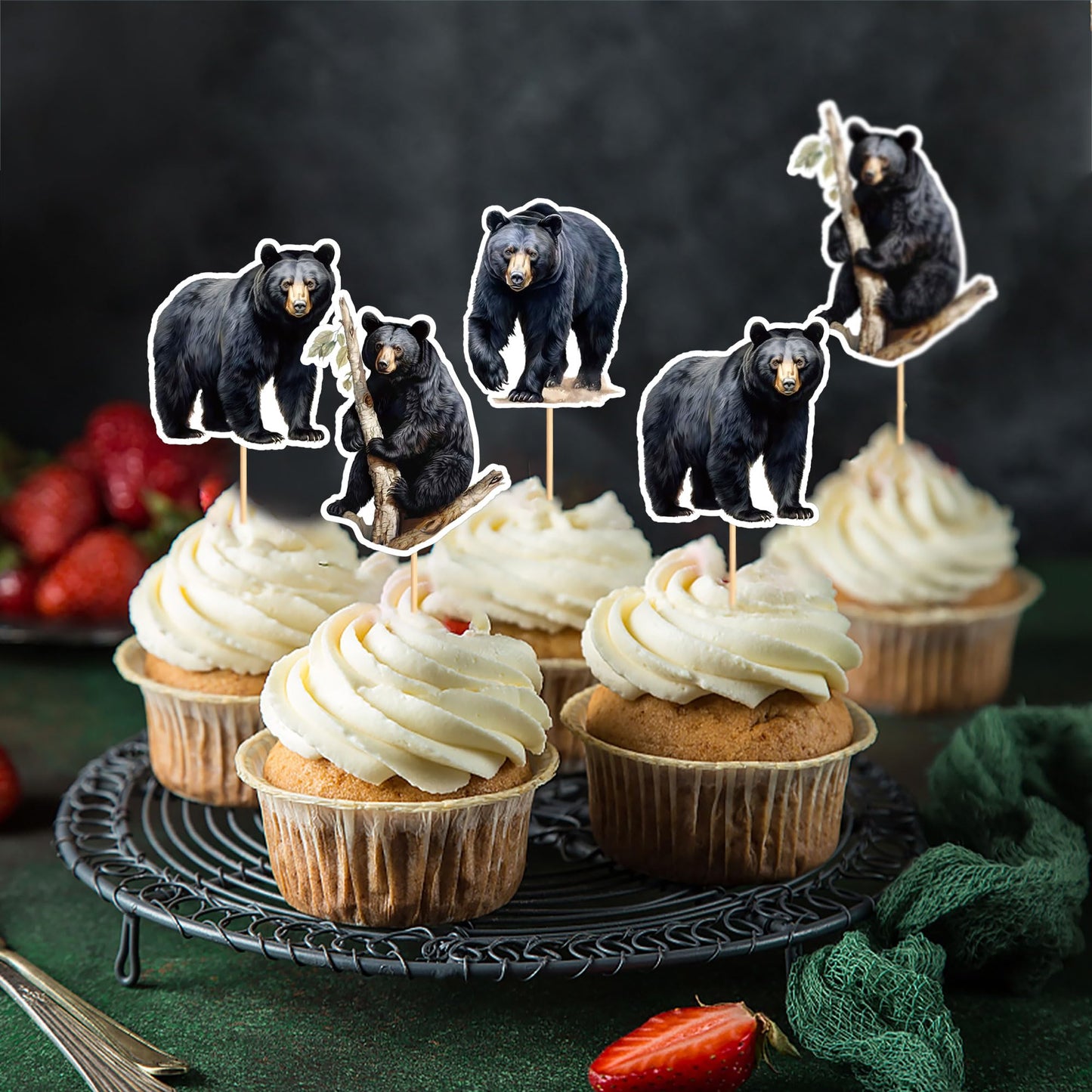 Ercadio 24 Pack Black Bear Cupcake Toppers Black Bear Cupcake Picks Animal Cupcake Picks Bear Birthday Cupcake Decorations For B