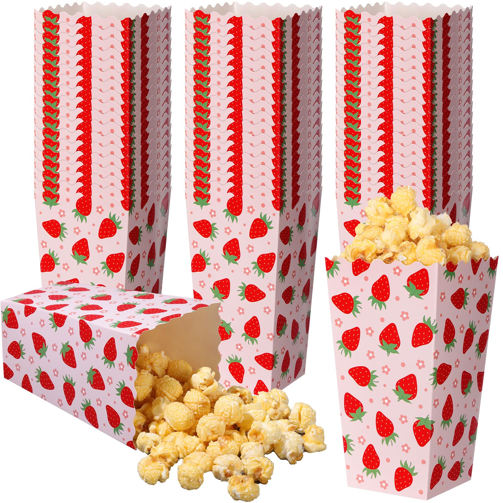 Geyoga 50 Pcs Strawberry Popcorn Boxes 6 x 2.4 in Red Pink Strawberry Party Favor Popcorn Bucket Disposable Paper Candy Treat Co